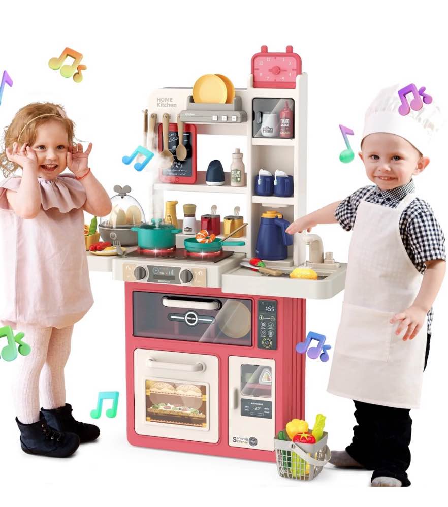 JoyStone 63PCS Kids Kitchen Playset,Play Kitchen Toy with Realistic Lights & Sounds,Pretend Steam, Play Sink & Oven, Menu Board & Other Kitchen Accessories Set for Toddlers