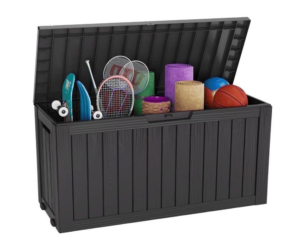 Bifanuo 75 Gallon Deck Box Lockable Resin Outdoor Storage Box waterproof Outdoor Container for Patio Furniture Cushions  Pillow with Wheels