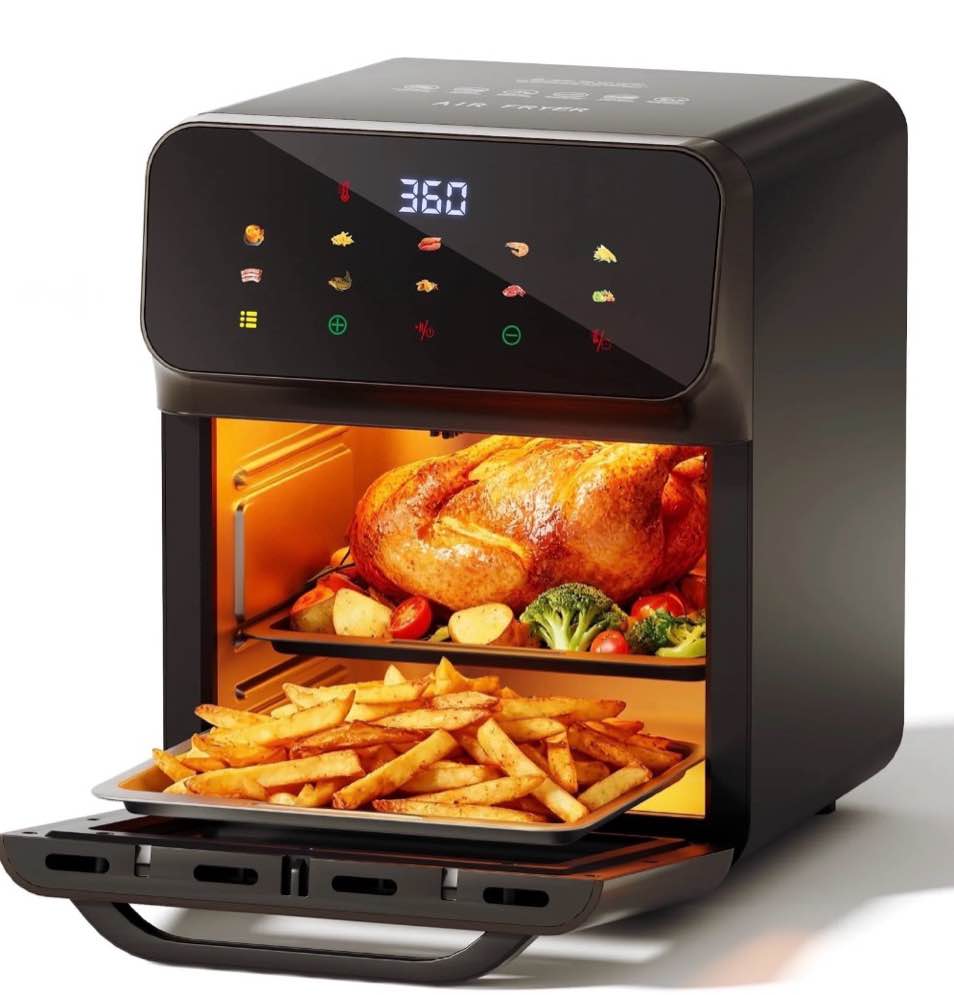 10QT Air Fryer, Convection Oven With 10 Preset Cooking Mode, Bake, Roast, Reheat, Broiler, Dehydrate, Toaster Baker, 85% Oil-Less, Visible Window and LED Digital Color Display