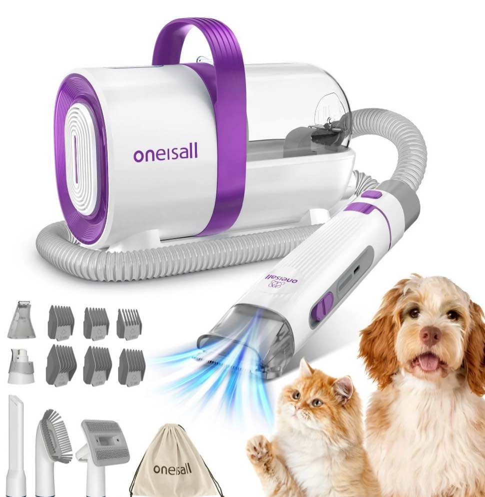 oneisall lm3 dog grooming vacuum, 8-in-1 dog grooming kit, 11000pa super suction dog hair vacuum for shedding dogs cats hair, purple