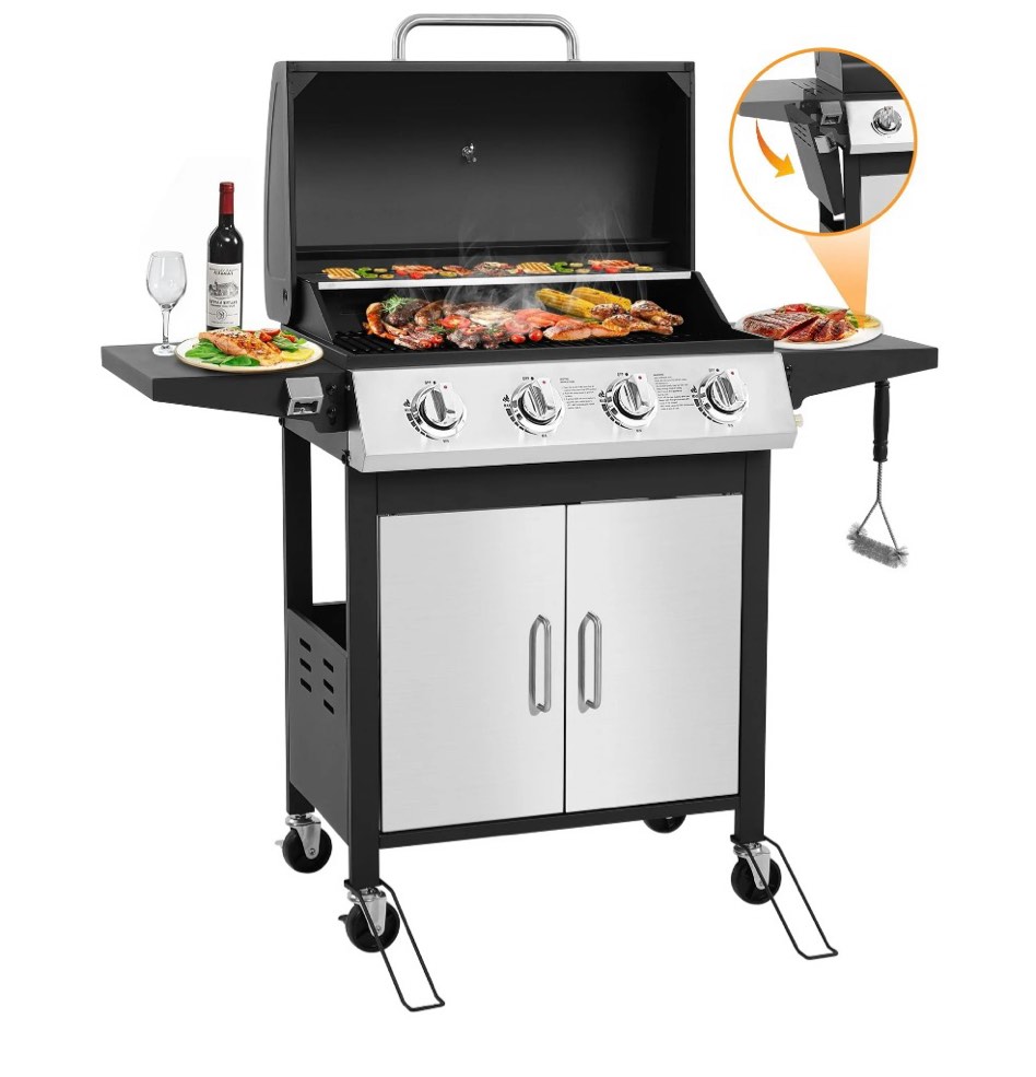 SEGMART 4 Burner BBQ Propane Gas Grill  Stainless Steel 40 000 BTU Patio Garden Barbecue Grill with Cleaning Brush  Two Side Shelves & Thermometer  Perfect for Camping  Outdoor Cooking