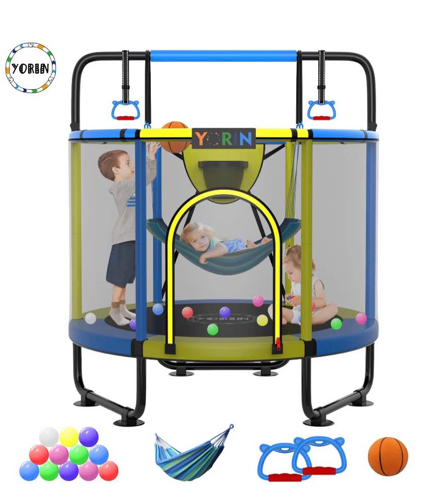 yorin trampoline for kids, 5ft toddler mini trampoline with enclosure net, basketball hoop, 60'' indoor/outdoor kids trampoline with swing, adjustable gymnastics bars, gifts for boys & girls, 600lbs