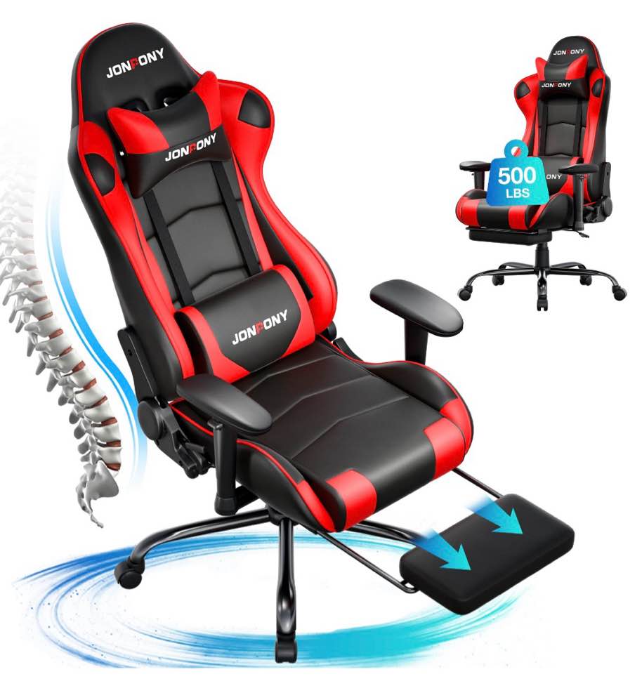 jonpony big and tall 500lbs gaming chair, ergonomic design, gamer chair pu leather with footrest and lumbar support, high back office chair support 8 hours long sitting,red computer chair,red
