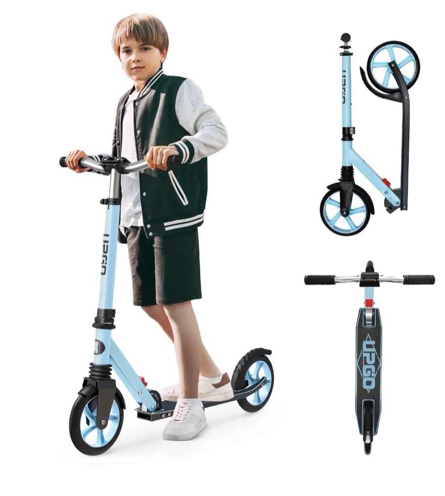 upgo kick scooter for ages 6+, kids, teens & adults, 240 lb max load, foldable, 8-inch wheels,blue