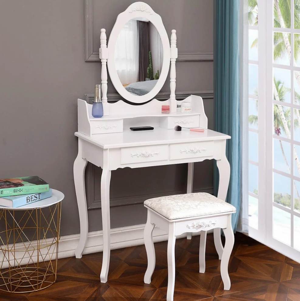 ktaxon elegance white dressing table vanity table and stool set wood makeup desk with 4 drawers & mirror