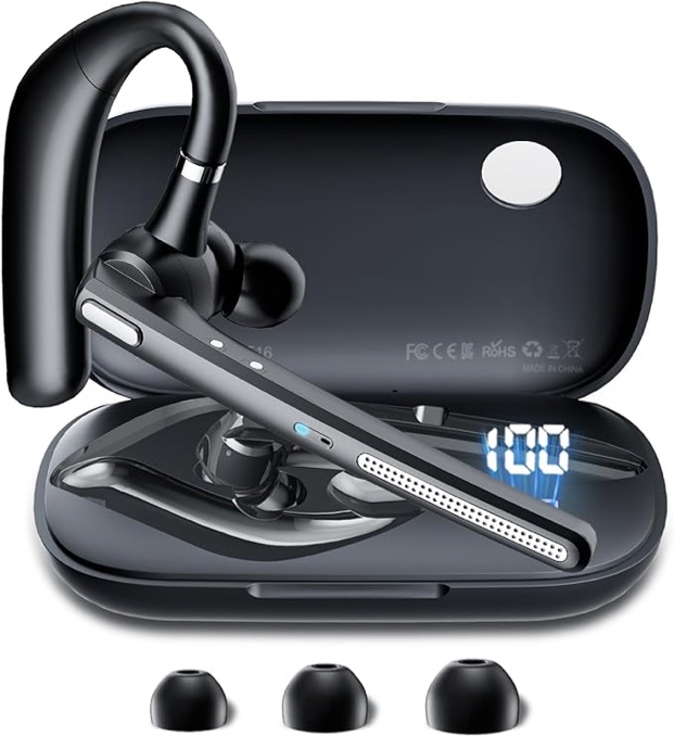 bluetooth headset v5.3, wireless earpiece with 500mah charging case hand-free headphones noise canceling mic for office/driving/business,black