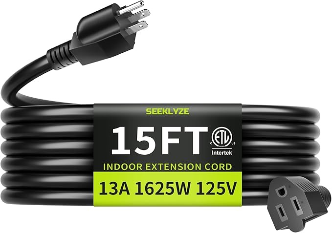 16/3 black extension cord 15 ft indoor, short extension cord for laptops, coffee makers, office home