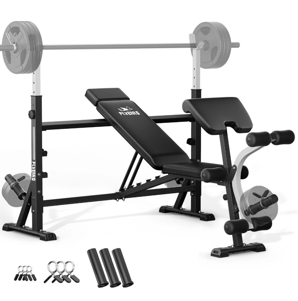 flybird olympic weight bench - adjustable press with rack, leg developer & preacher curl (1000lbs/2025)