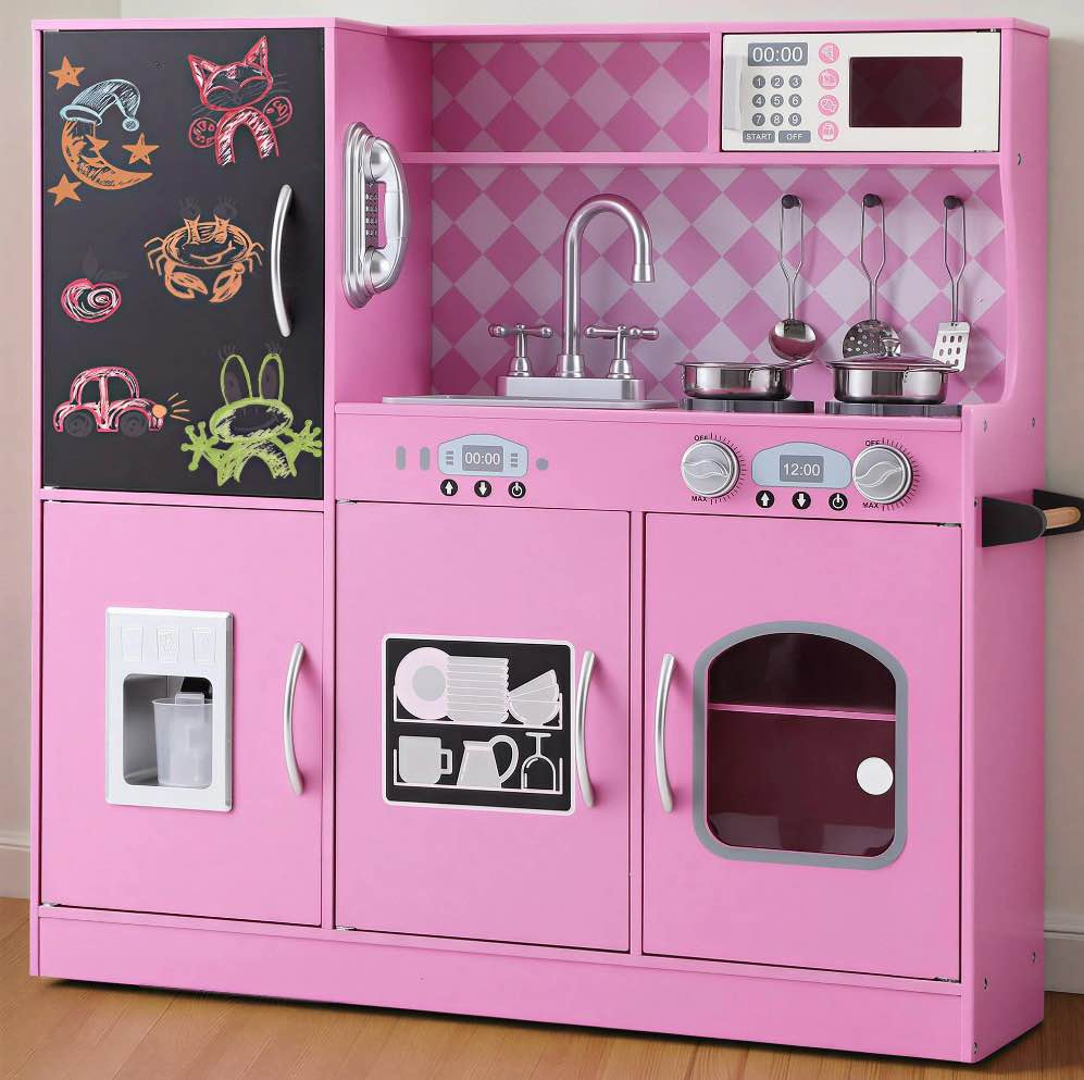 coclub play kitchen, wooden kids kitchen playset with chalkboard, ice maker, play phone, cookware accessories, microwave toy kitchen gift for boys girls age 3-8 pink