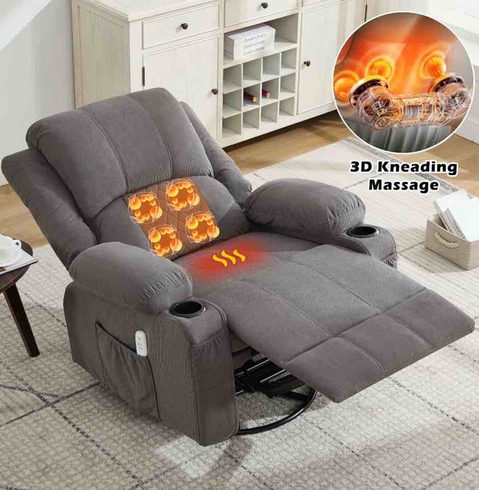 jonpony kneading massage rocker recliner chair with 4-point 3d kneading massage and heat ergonomic lounge chair for living room with rocking function and 2 cup holders, usb charge port,gray