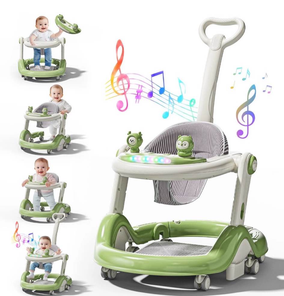 wonderstone 5 in 1 baby walker, foldable push walker with wheels, music & light, baby bouncer, baby activity center for boy girl 6-12 months (green)