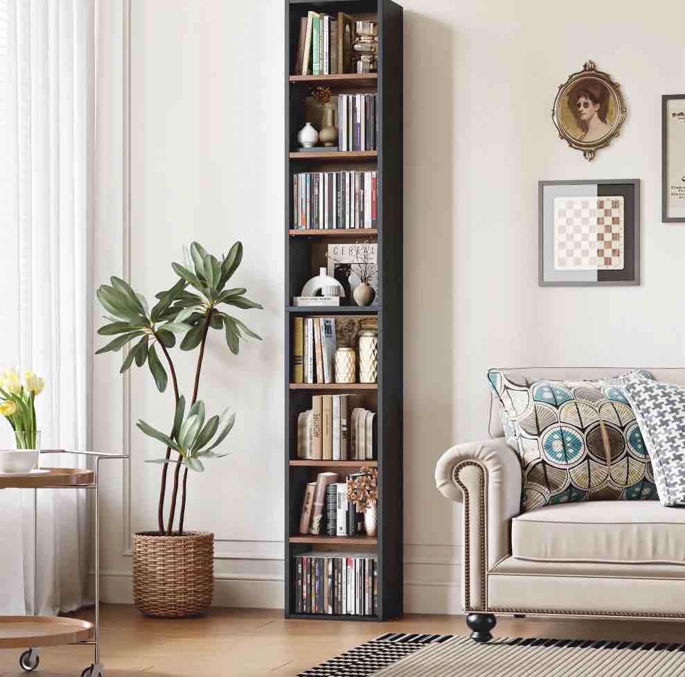 homfa 8-tier media tower, cd dvd media storage unit with 4 adjustable shelves for living room bedroom, black+vintage oak