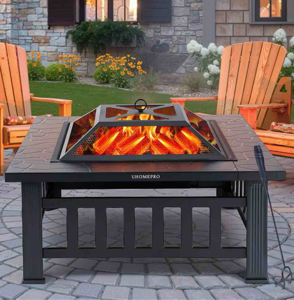 fire pits for outside, 32" wood burning fire pit tables with screen lid, poker, bbq net, ice tray, food clip and cover, backyard patio garden outdoor fire pit/ice pit/bbq fire pit, black