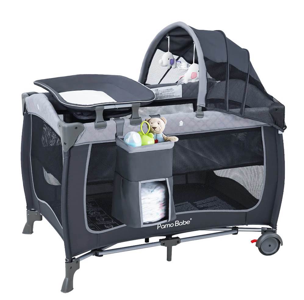 pamo babe unisex portable baby play yard include wheels, canopy, changing table for newborn(grey)