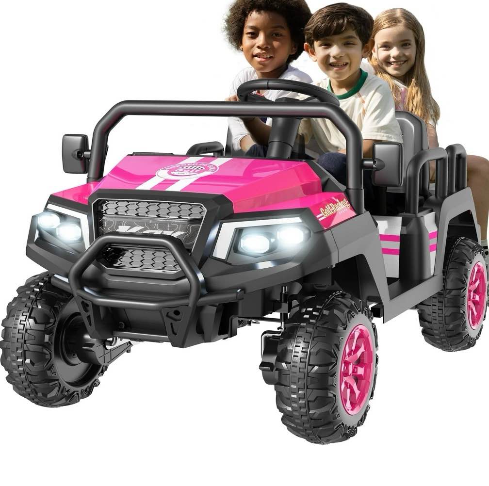 savejoy 24v 4 seater ride on toys, powered ride on cars w/ four wheels spring suspension, electric car with parent remote control for kids ages 4-8 gifts, pink