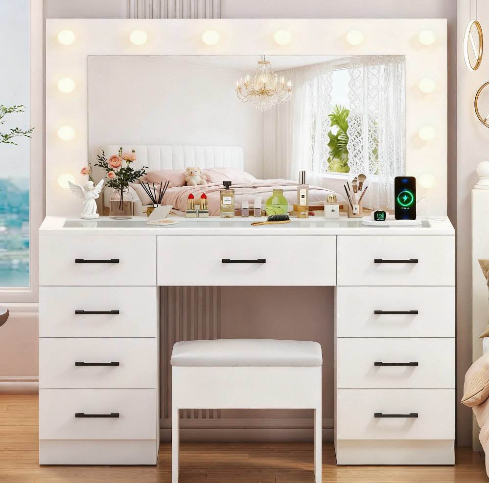 ktaxon large makeup vanity, get ready with me grwm vanity table set w/ visible glass top w/ charging station, white