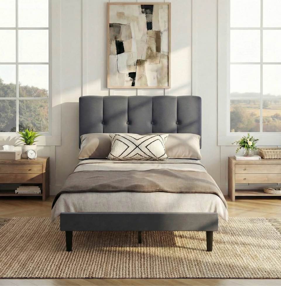 edx twin size platform bed frame, fully upholstered mattress foundationwith fabric upholstered headboard and wooden slats support, no box spring needed, grey