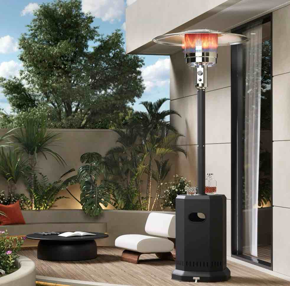 50,000 btu propane patio heater, outdoor heater with table design, 2025 upgrade stainless steel burner, and wheels, portable heater for home and commercial, gray