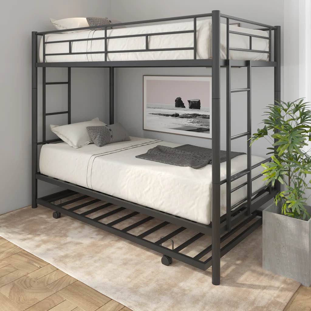 Condition photo showing New/Like New for Metal Twin Over Twin Bunk Beds with Trundle Bed UHOMEPRO Twin Bunk Bed for Kids Adults Teens Dorm Room Bunk Bed Can Be Divided Into 2 Twin Beds with