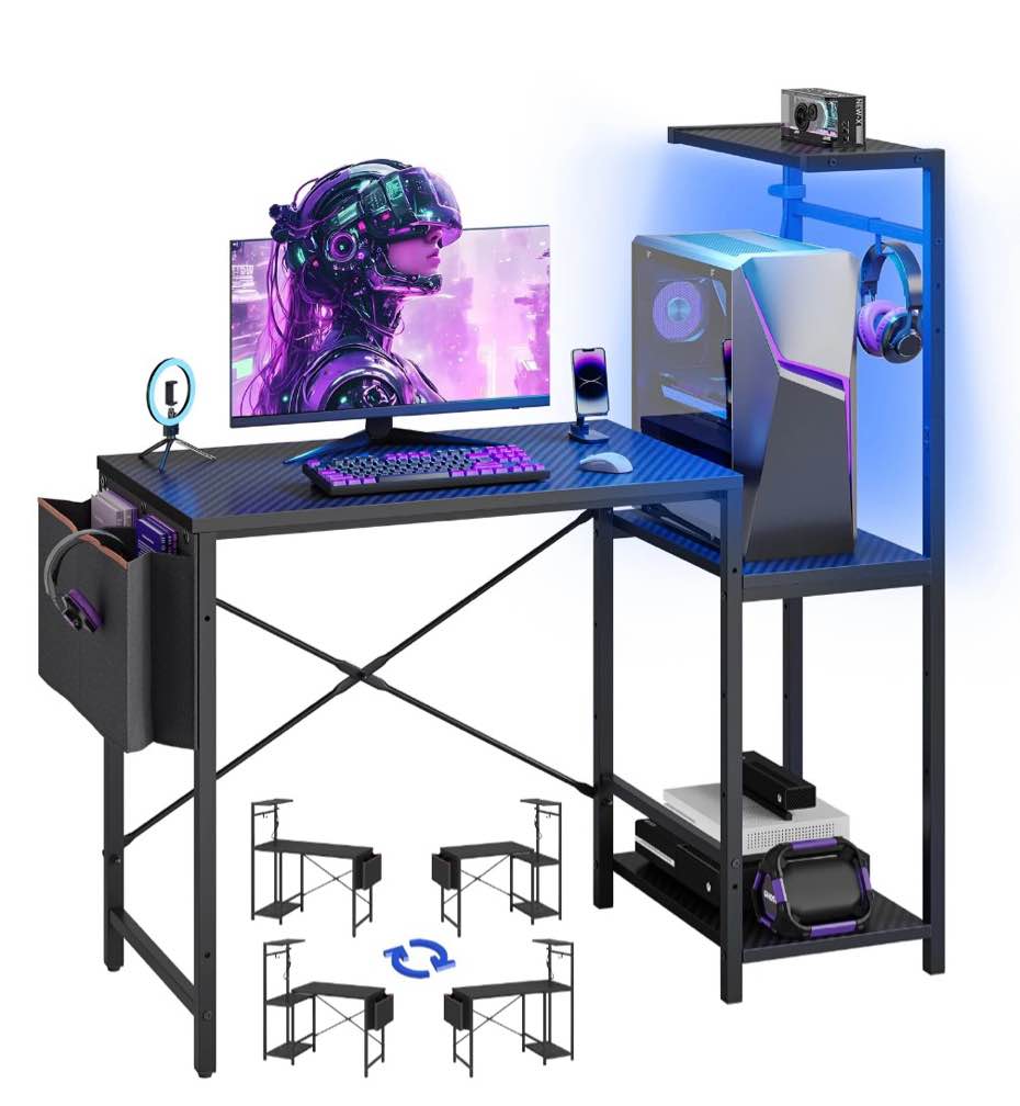 bestier gaming desk with led lights, 44'' computer desk with reversible shelves, pc gamer desk with side storage bag, hooks and height adjustable shelf for home office, carbon fiber black