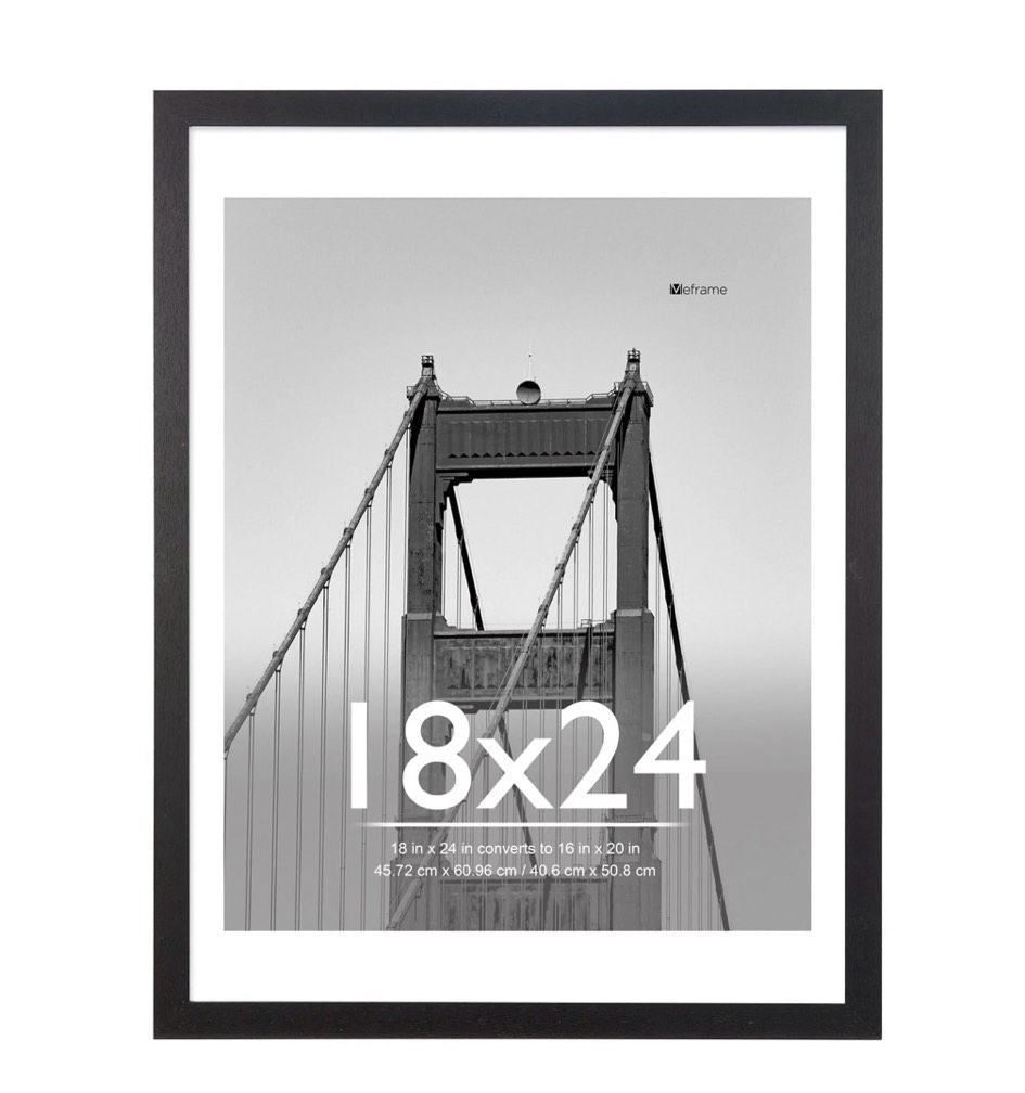meframe 18x24 wooden picture frame, matted to 16x20 wall poster frame, black