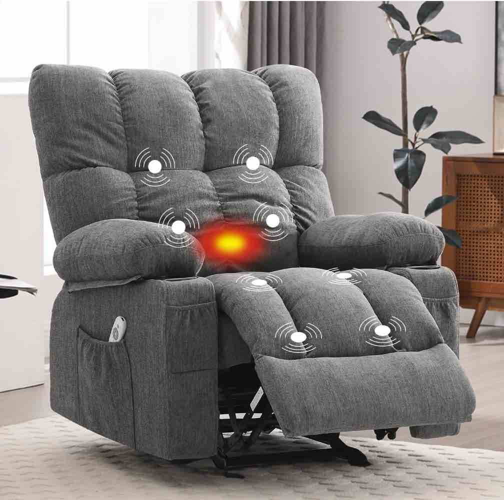jonpony manual recliner chair with heat therapy and massage function, heavy duty reclining mechanism massage chair, elderly single rocker sofa with cup holders for bedroom home theater,grey