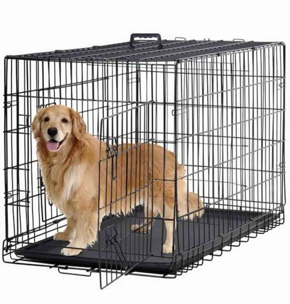 bestpet 48 inch foldable metal dog crate for large dogs double door divider removable tray(black)