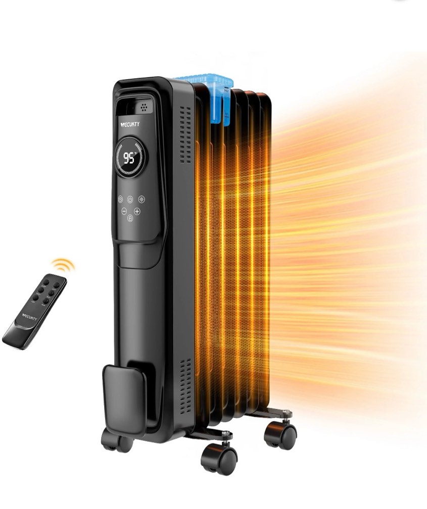 vecukty 1500w oil radiator heater, electric oil filled space heater radiator with remote control,child lock,3 modes,overheat & tip-over protection?24h timer digital thermostat,black