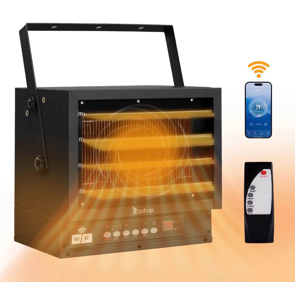 ktaxon wifi smart electric garage heater 7500w ceiling mount space heater 240-volt hard-wired heater fan-forced shop heater with digital thermostat 12h timer remote control black