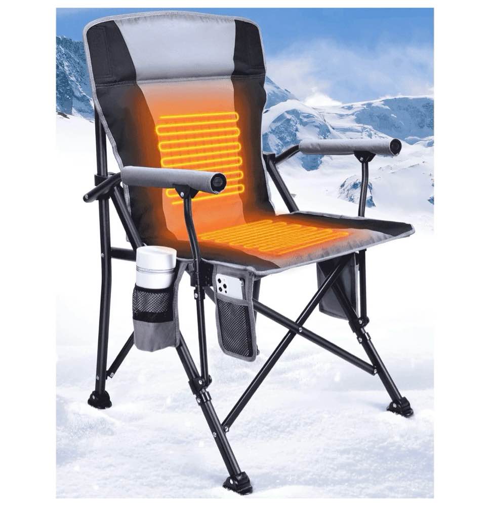 heated camping chair for adults, fully padded heated folding chair with 3 heat levels, heats back and seat, rich pockets, heated chairs outdoor sports, support 300lbs - batteries not included - gray