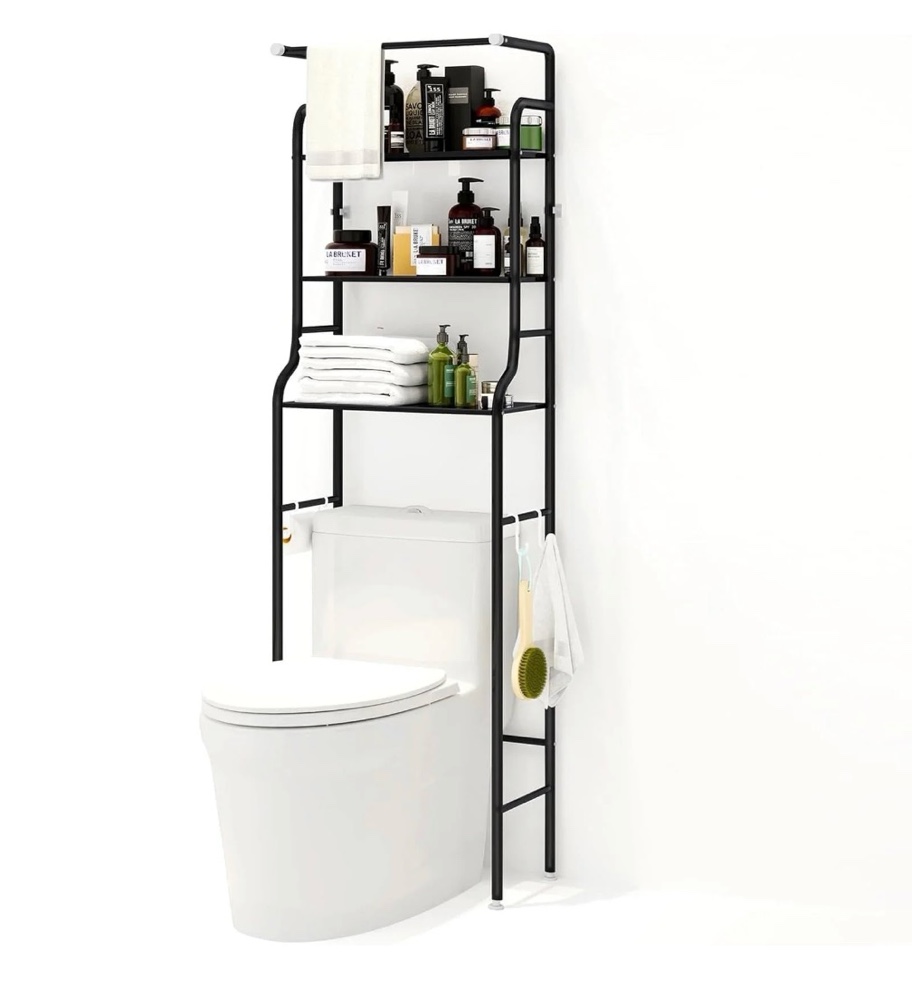 susuzi over the toilet storage shelf 3-tier bathroom organizer rack metal bath shelves space saver freestanding above toilet stand for bathroom laundry, black