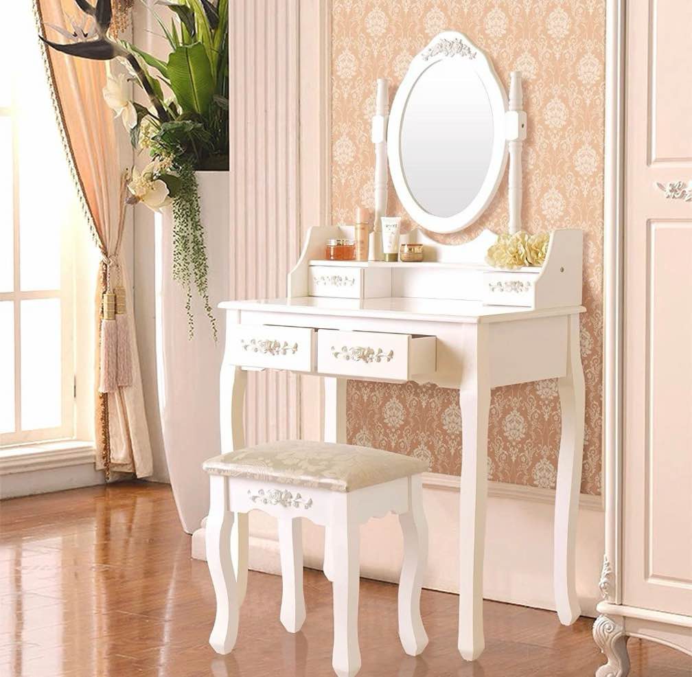 ktaxon elegance white dressing table vanity table and stool set wood makeup desk with 4 drawers & mirror