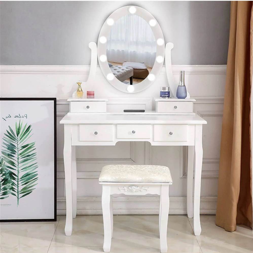 ktaxon vanity table 10 led lights  5 drawers makeup dressing desk with cushioned stool set bedroom vanities set white