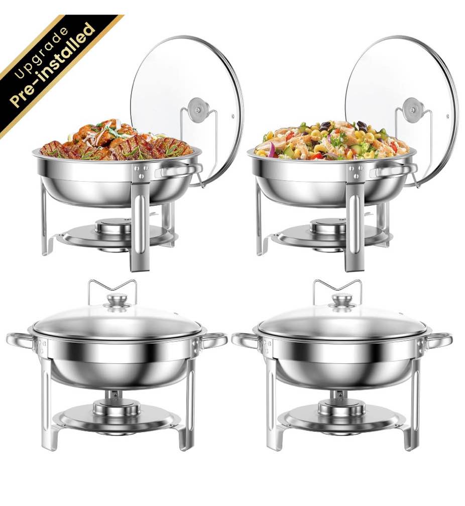 chafing dish buffet set 4 pack: tinana 5qt stainless steel chafing dishes for buffet with glass lid & lid holder  round chafers and buffet warmers sets for parties  events  wedding  camping  dinner