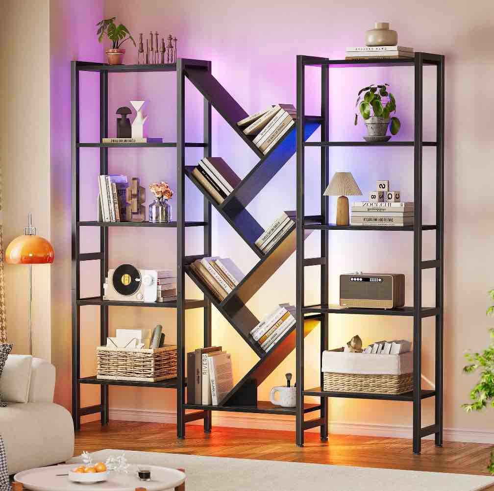 triple 5-tier bookshelf with led lights for living room, 17 open shelves large bookcase with app control rgb light strip, modern tree design storage shelf with metal frame, black