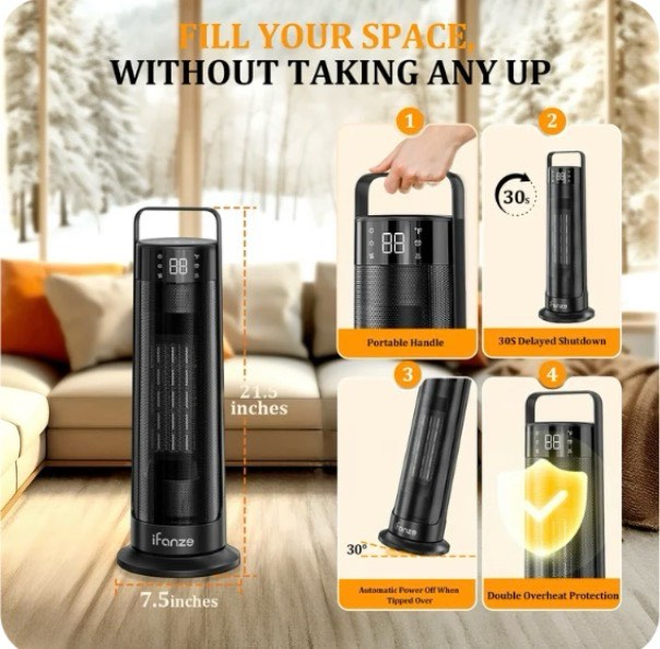 Condition photo showing Good Condition for 21" Space Heaters for Indoor Use, 1500W Fast Heating 50° Oscillating Portable Electric PTC Ceramic Heater, with Thermostat, Overheat Protection, 12H Timer, 3 Modes, Black