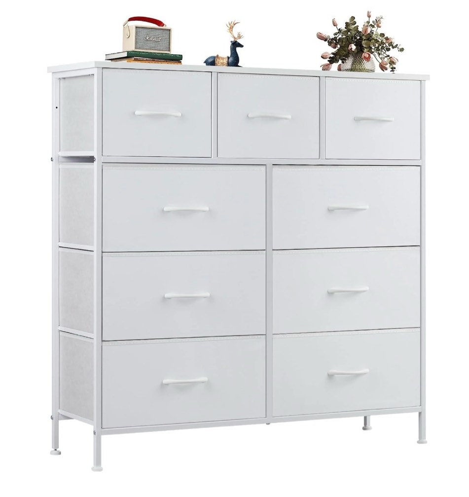 zunmos fabric storage dresser with 9 drawers, steel frame and wooden top for bedroom, closet and entryway , white