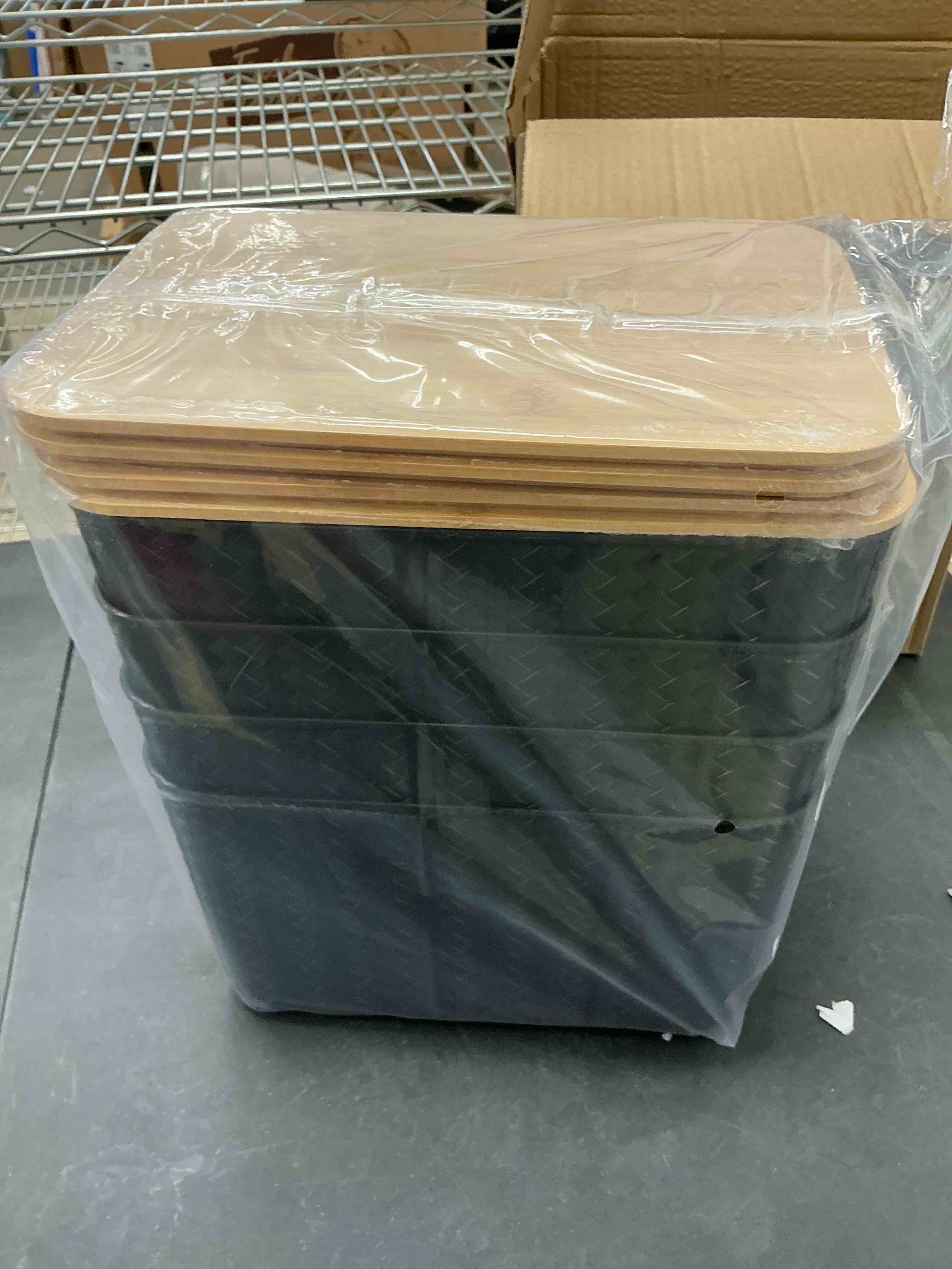 Condition photo showing New/Like New for 4 Packs Storage Bins with Bamboo Lids - Plastic Storage Containers with Lids Stackable Storage Box: Storages Baskets for Organizing Desktop Closet Playroom Classroom Office, Black