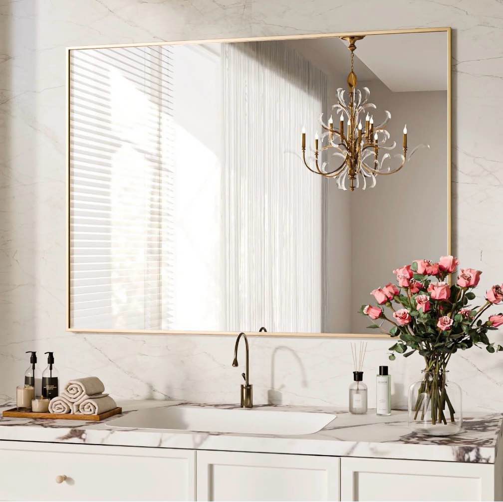 BEAUTYPEAK 40"x30" Bathroom Wall Mirror with Rectangular Metal Frame, Gold