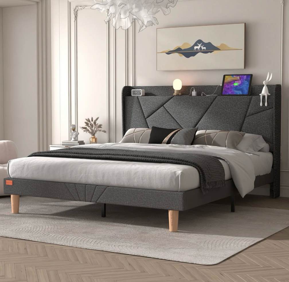 Condition photo showing New/Like New for NISIEN Queen Bed Frame with Charging Station, Upholstered Platform Bed with Wingback Storage Headboard, Dark Gray