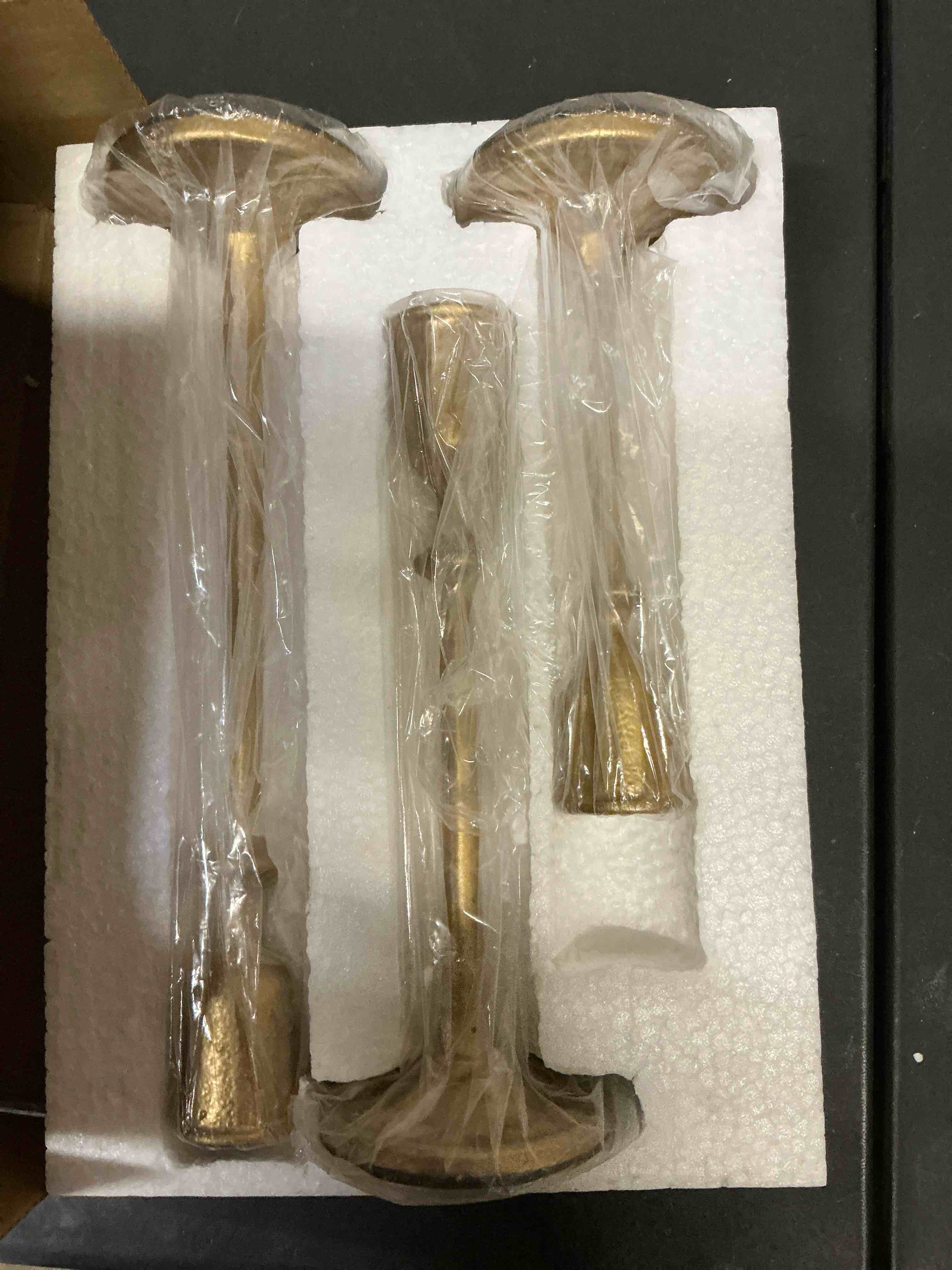 Condition photo showing New/Like New for Antique Brass Candlestick Holders Set of 3, Cast Iron Taper Candle Holder for Dining Table Centerpiece, Wedding, Fireplace Mantel Decor, Vintage Tall Candle Stands, Christmas Decorations Brass Gold