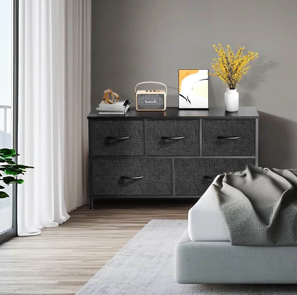 EDX 5 Drawer Dresser, Wide Chest of Drawers Nightstand Storage Tower Storage Fabric Dresser with Wood Top for Living Room, Bedroom, Hallway,Black