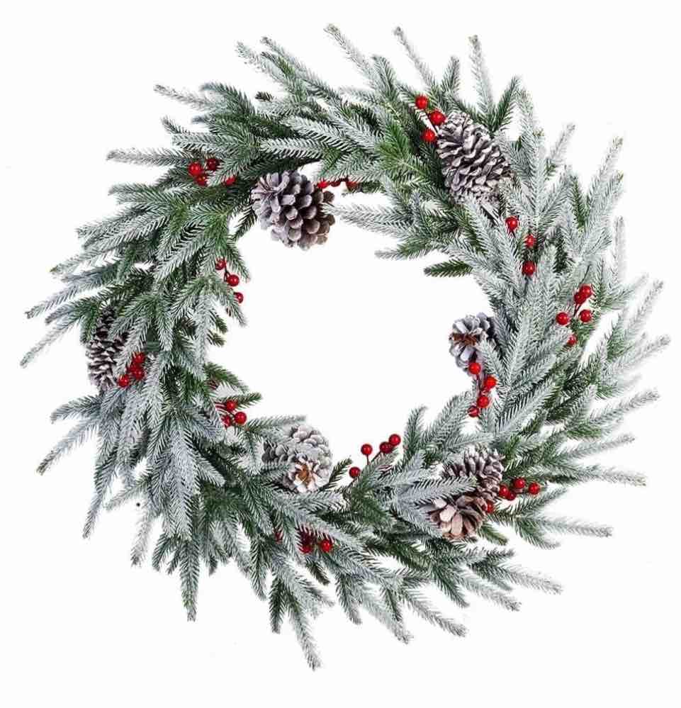 28in Snow Flocked Christmas Wreath, Pre-Lit Artificial  Frosty Christmas wreath with Crestwood Spruce, Decorated with Pine Cones, Berry Clusters, Frosted Branches