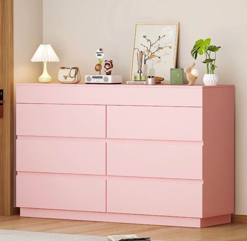 ktaxon 6 drawer double dresser with mirrow wood dresser storage cabinet drawer organizer chest of drawers, pink