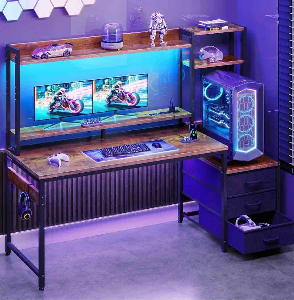 Casacomoda 55 inch Gaming Desk with LED Lights & Power Outlets, Home Office Desk with Reversible Storage Drawers & Monitor Shelves,Vintage