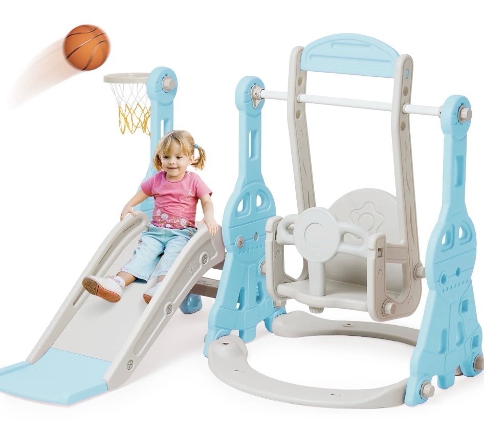 Ealing 4 in 1 Slide and Swing Set for Toddlers Age 1-2 Baby Swing Toys Playset Indoor ,with Bucket Style Seat and Basketball Hoop,Blue