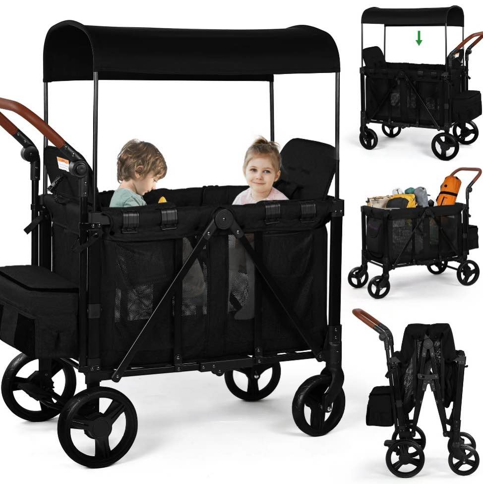 Vomeast Wagon Stroller for 2 Kids, 3-in-1 Outdoor Baby Stroller Wagon with Canopy, 5-Point Harness, Adjustable Handlebars, Removable Seat for Toddlers, Black