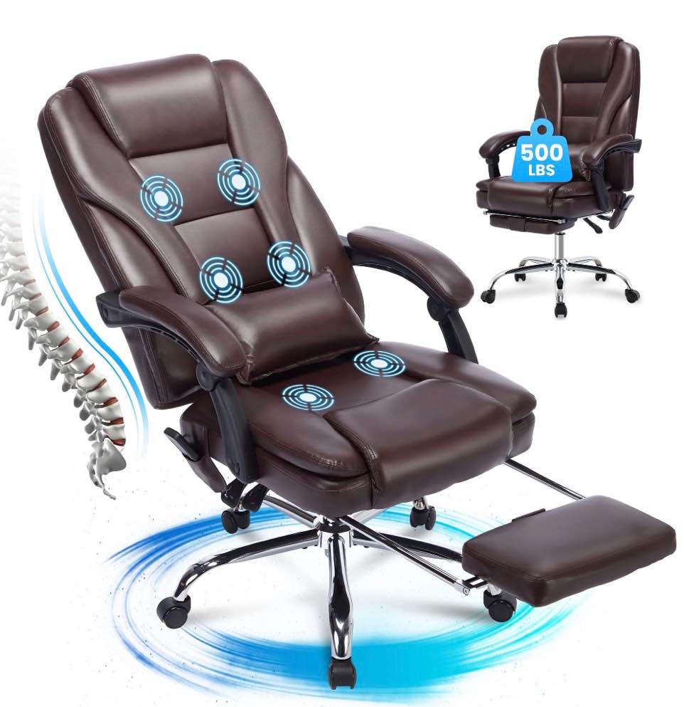 JONPONY Big and Tall Office Chair 500LBS Executive Office Chair Massage and Footrest Ergonomic Computer Desk Chair Reclining High Back Leather Office Chair Lumbar Back Support Swivel Rolling,Brown