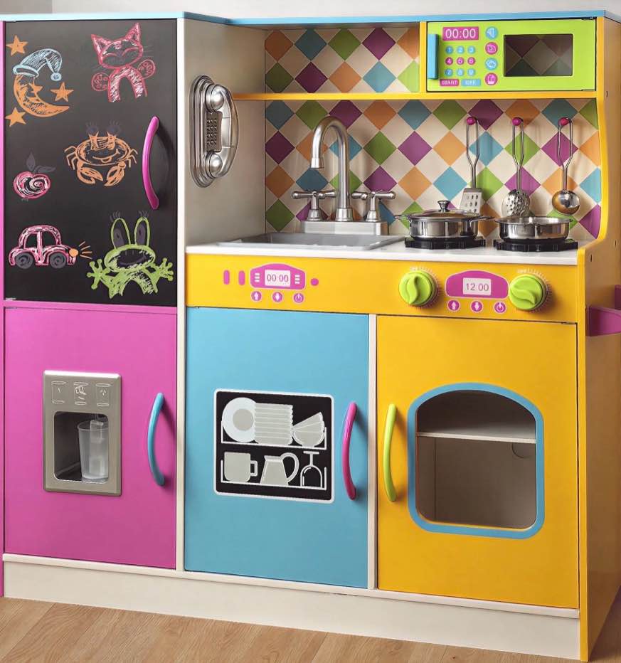 COCLUB Play Kitchen, Wooden Kids Kitchen Playset with Chalkboard, Ice Maker, Play Phone, Cookware Accessories, Microwave Toy Kitchen Gift for Boys Girls Age 3-8 Colour