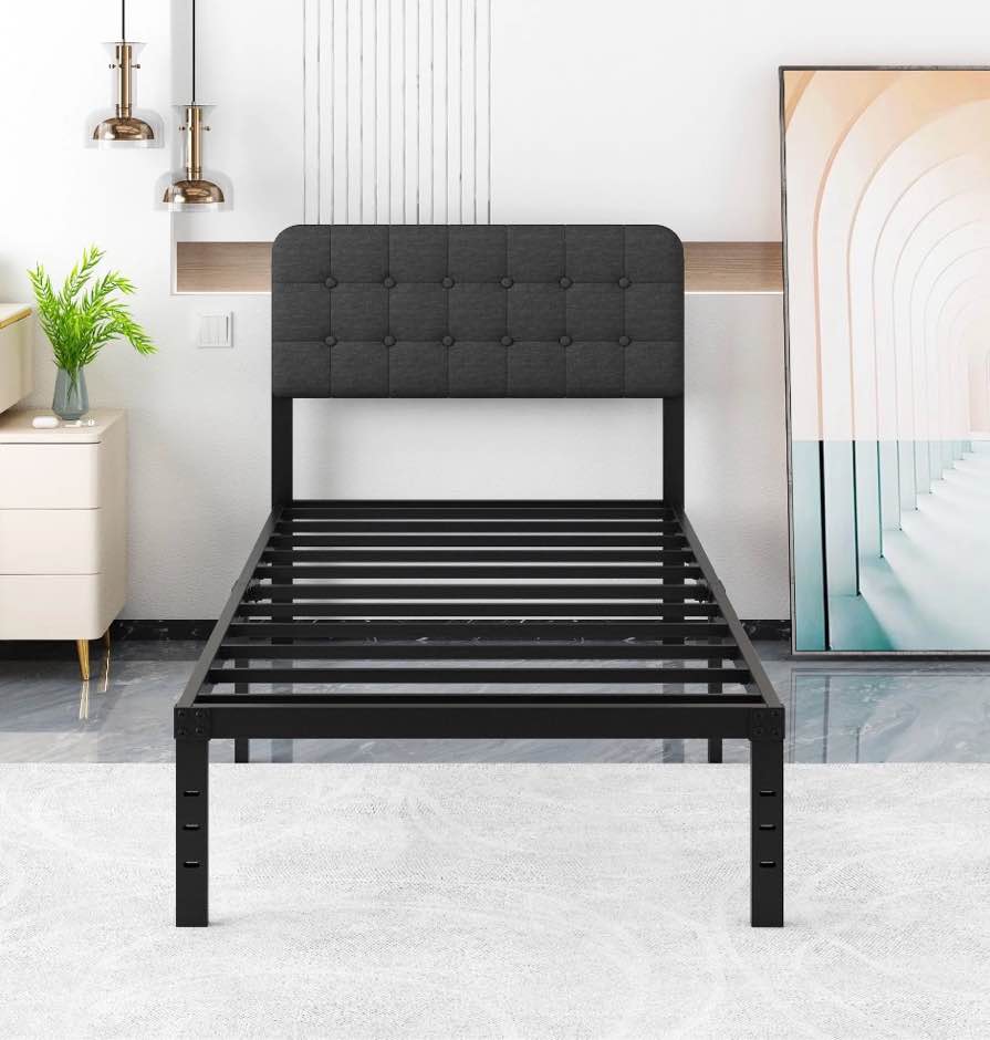 Maenizi Twin XL Bed Frame with Upholstered Headboard, 18 inch Tall Twin XL Bed Frames, Steel Slat Support, Noise Free, No Box Spring Needed, Easy Assembly, Black